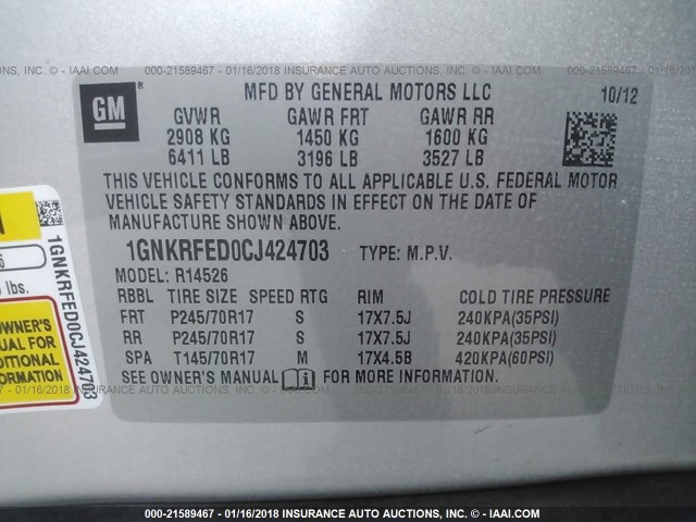 1GNKRFED0CJ424703 - 2012 CHEVROLET TRAVERSE LS SILVER photo 9