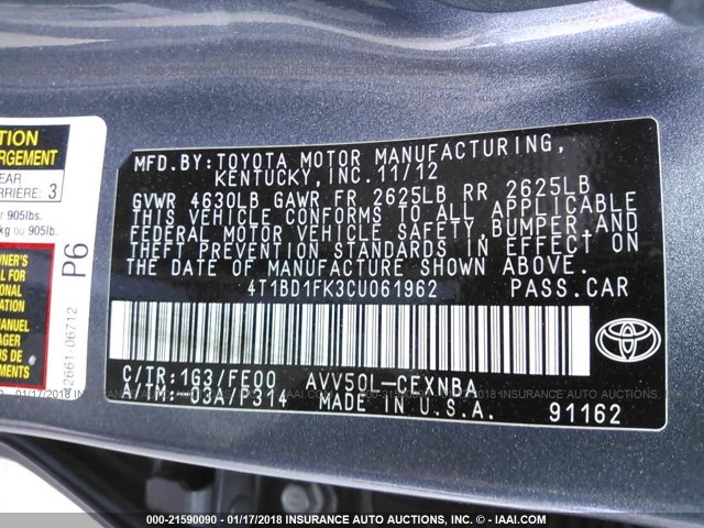 4T1BD1FK3CU061962 - 2012 TOYOTA CAMRY HYBRID/LE/XLE 灰色 照片 9