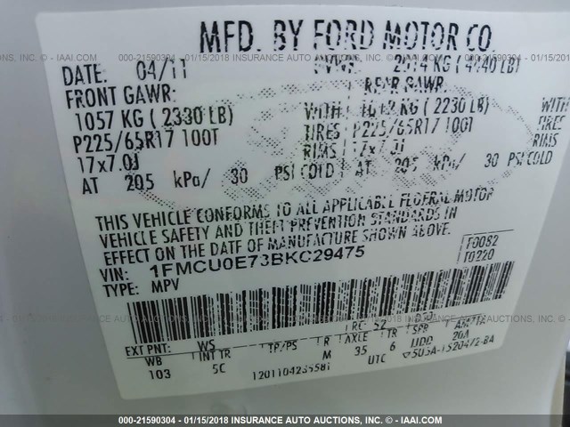 1FMCU0E73BKC29475 - 2011 FORD ESCAPE LIMITED WHITE photo 9