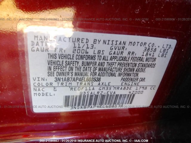 3N1AB7AP4EL608538 - 2014 NISSAN SENTRA S/SV/SR/SL RED photo 9