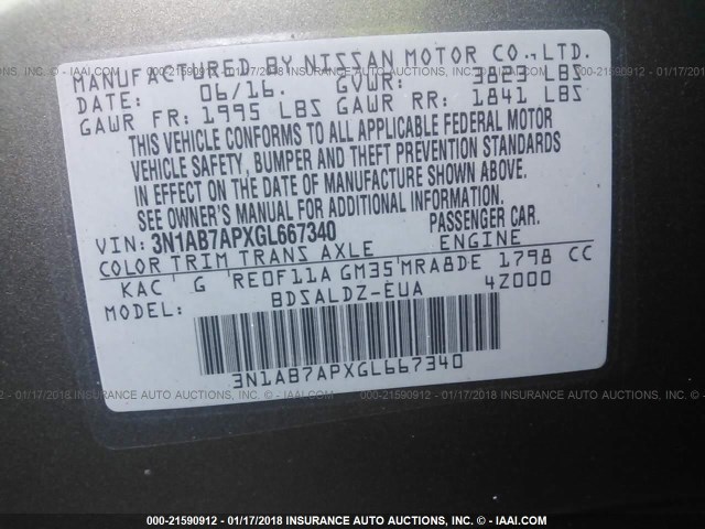 3N1AB7APXGL667340 - 2016 NISSAN SENTRA S/SV/SR/SL GRAY photo 9