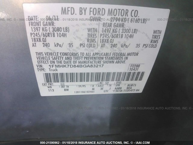 1FMHK7D84BGA83217 - 2011 FORD EXPLORER XLT GRAY photo 9