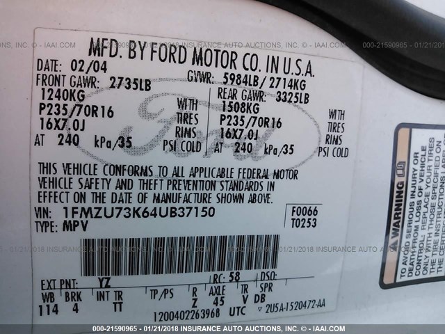 1FMZU73K64UB37150 - 2004 FORD EXPLORER XLT/XLT SPORT/NBX WHITE photo 9