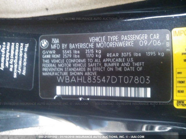 WBAHL83547DT07803 - 2007 BMW 750 I Світло-коричневий фото 9