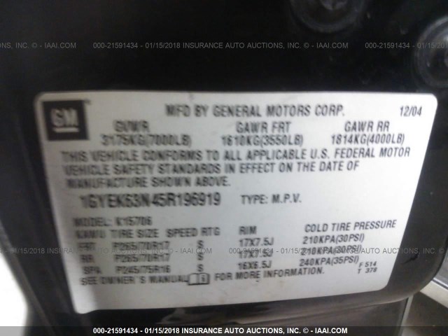 1GYEK63N45R196919 - 2005 CADILLAC ESCALADE LUXURY შავი ფოტო 9