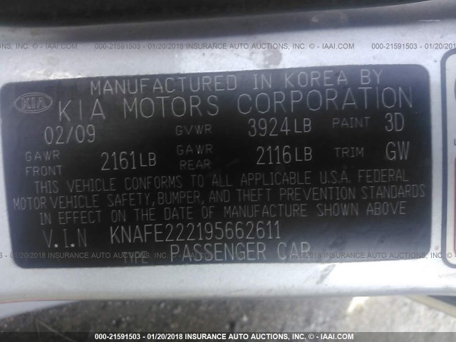 KNAFE222195662611 - 2009 KIA SPECTRA EX/LX/SX SILVER photo 9