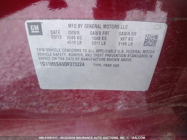 1G11H5SA9DF273224 - 2013 CHEVROLET MALIBU LTZ 红色 照片 9