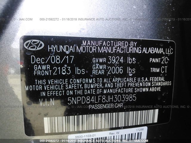 5NPD84LF8JH303985 - 2018 HYUNDAI ELANTRA SEL/VALUE/LIMITED GRAY photo 9