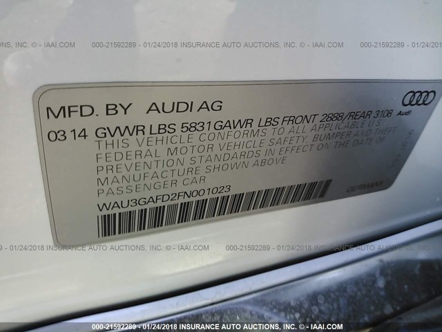 WAU3GAFD2FN001023 - 2015 AUDI A8 L QUATTRO WHITE photo 9