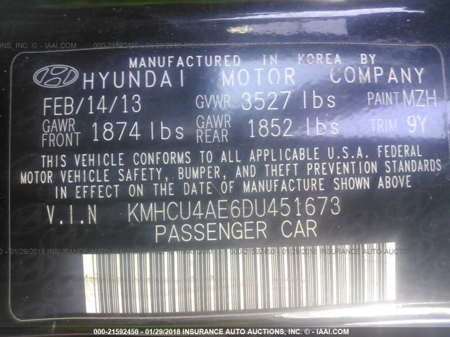 KMHCU4AE6DU451673 - 2013 HYUNDAI ACCENT GLS/SE BLACK photo 9