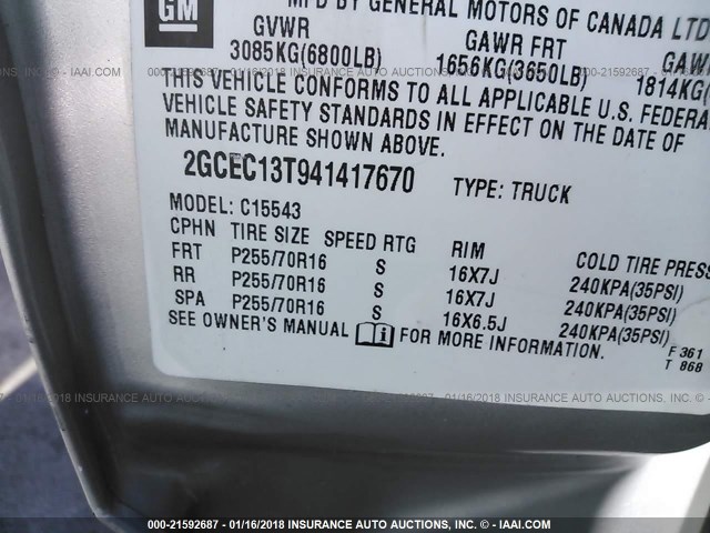 2GCEC13T941417670 - 2004 CHEVROLET SILVERADO C1500 SILVER photo 9