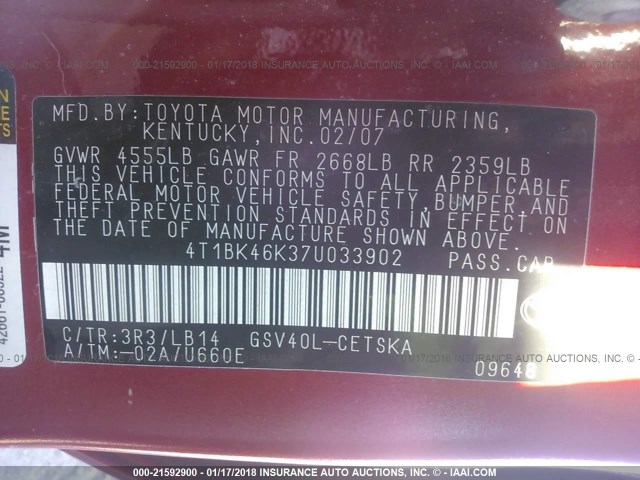 4T1BK46K37U033902 - 2007 TOYOTA CAMRY NEW GENERAT LE/XLE/SE RED photo 9