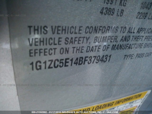 1G1ZC5E14BF379431 - 2011 CHEVROLET MALIBU 1LT 银色 照片 9