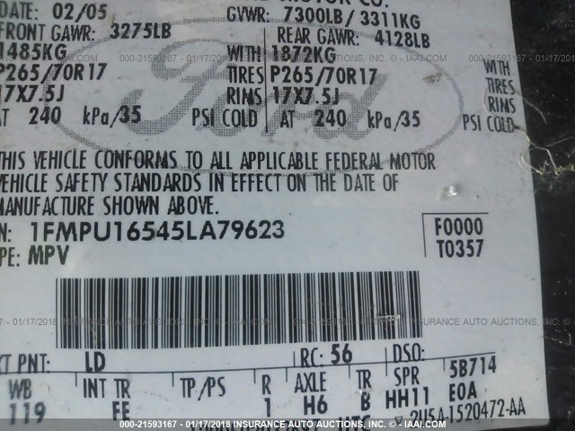 1FMPU16545LA79623 - 2005 FORD EXPEDITION XLT 蓝色 照片 9