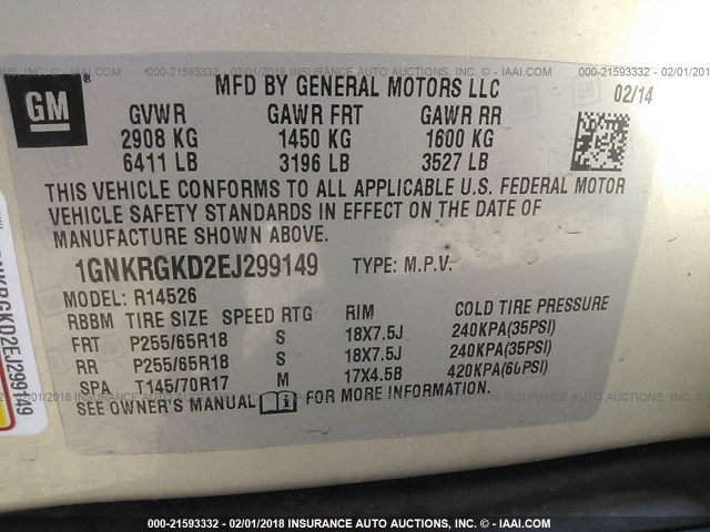 1GNKRGKD2EJ299149 - 2014 CHEVROLET TRAVERSE LT TAN photo 9