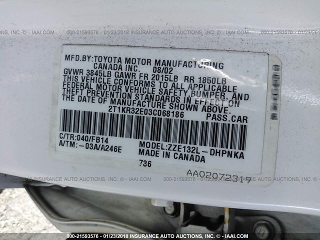 2T1KR32E03C068186 - 2003 TOYOTA COROLLA MATRIX XR WHITE photo 9