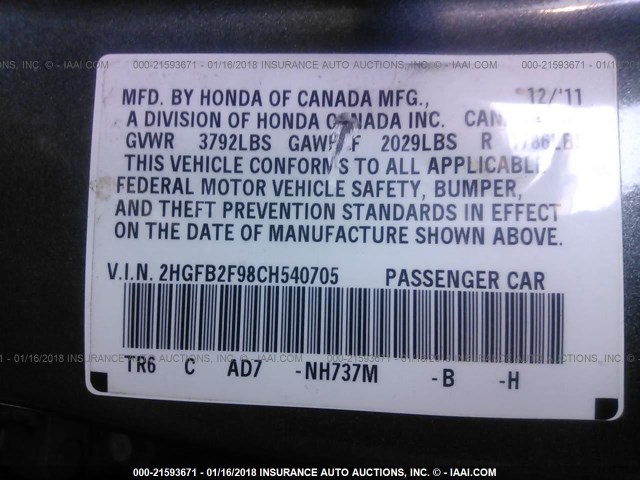 2HGFB2F98CH540705 - 2012 HONDA CIVIC EXL Pewter photo 9