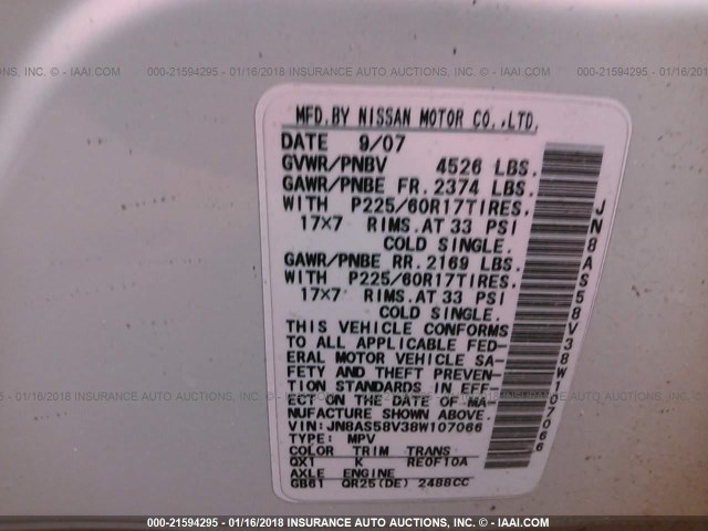 JN8AS58V38W107066 - 2008 NISSAN ROGUE S/SL WHITE photo 9