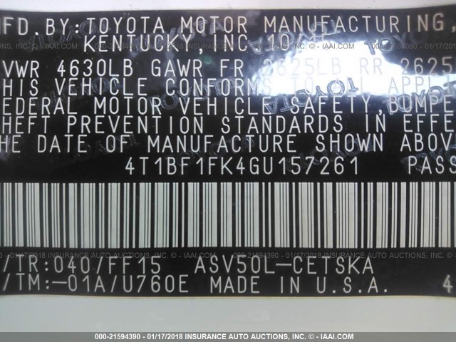 4T1BF1FK4GU157261 - 2016 TOYOTA CAMRY LE/XLE/SE/XSE WHITE photo 9