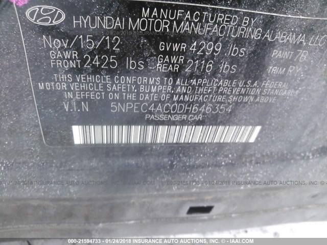 5NPEC4AC0DH646354 - 2013 HYUNDAI SONATA SE/LIMITED BLACK photo 9