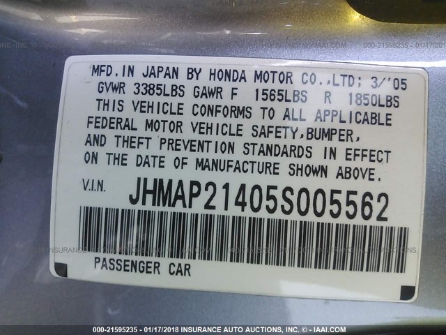 JHMAP21405S005562 - 2005 HONDA S2000 SILVER photo 9