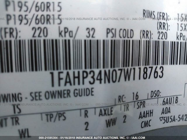 1FAHP34N07W118763 - 2007 FORD FOCUS ZX4/S/SE/SES GRAY photo 9