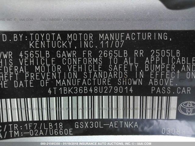 4T1BK36B48U279014 - 2008 TOYOTA AVALON XL/XLS/TOURING/LIMITED SILVER photo 9