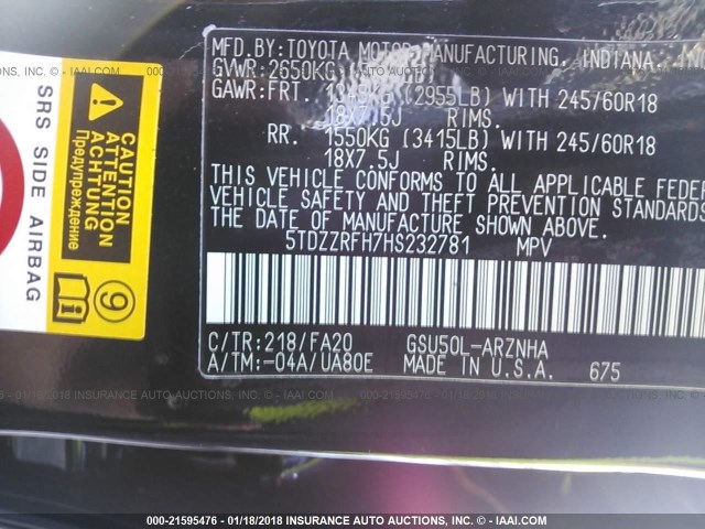 5TDZZRFH7HS232781 - 2017 TOYOTA HIGHLANDER LE/LE PLUS BLACK photo 9