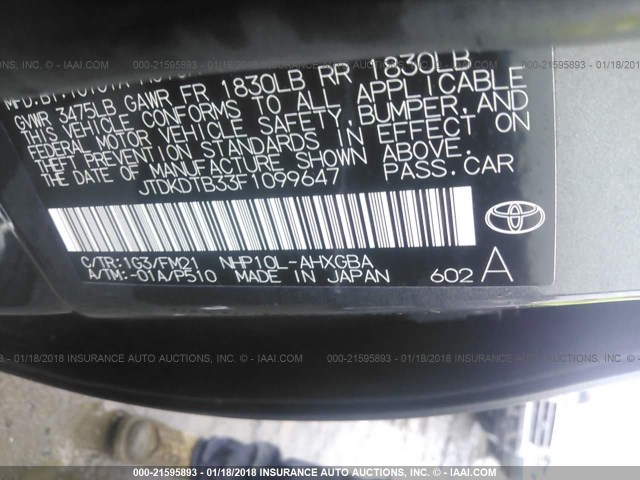 JTDKDTB33F1099647 - 2015 TOYOTA PRIUS C GRAY photo 9