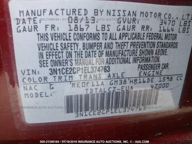 3N1CE2CP1EL374763 - 2014 NISSAN VERSA NOTE S/S PLUS/SV/SL RED photo 9