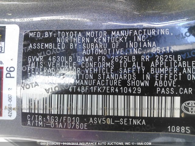 4T4BF1FK7ER410429 - 2014 TOYOTA CAMRY L/SE/LE/XLE 灰色 照片 9