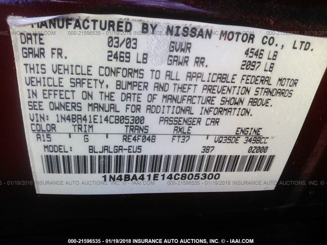 1N4BA41E14C805300 - 2004 NISSAN MAXIMA SE/SL RED photo 9