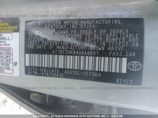 4T1BE30KX4U848801 - 2004 TOYOTA CAMRY LE/XLE/SE ვერცხლისფერი ფოტო 9