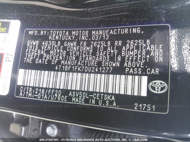 4T1BF1FK7DU241277 - 2013 TOYOTA CAMRY L/SE/LE/XLE BLACK photo 9