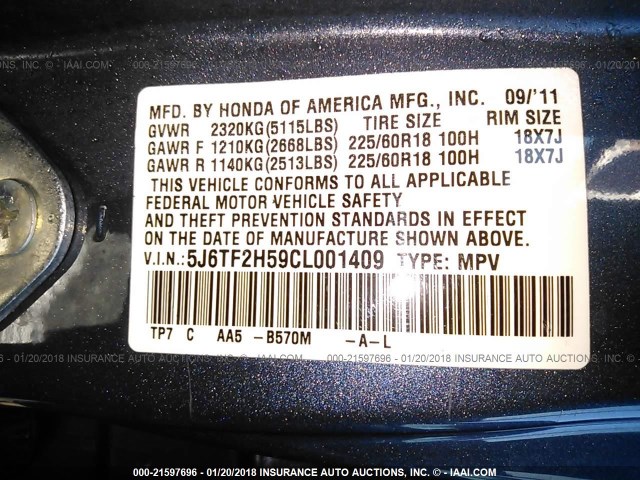 5J6TF2H59CL001409 - 2012 HONDA CROSSTOUR EXL ლურჯი ფოტო 9
