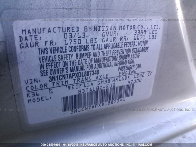 3N1CN7APXDL887346 - 2013 NISSAN VERSA S/S PLUS/SV/SL GRAY photo 9