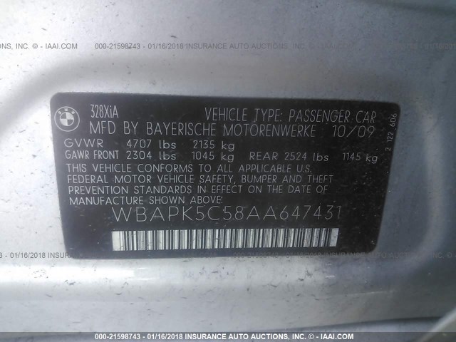 WBAPK5C58AA647431 - 2010 BMW 328 XI SULEV SILVER photo 9