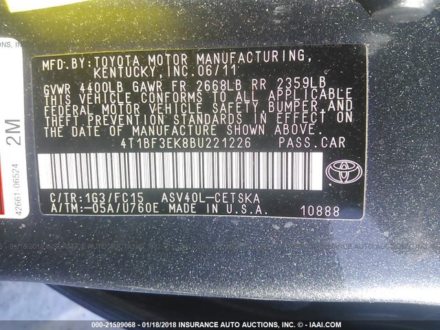 4T1BF3EK8BU221226 - 2011 TOYOTA CAMRY SE/LE/XLE 灰色 照片 9
