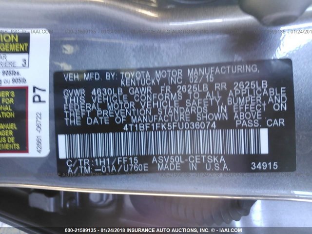4T1BF1FK5FU036074 - 2015 TOYOTA CAMRY LE/XLE/SE/XSE GRAY photo 9