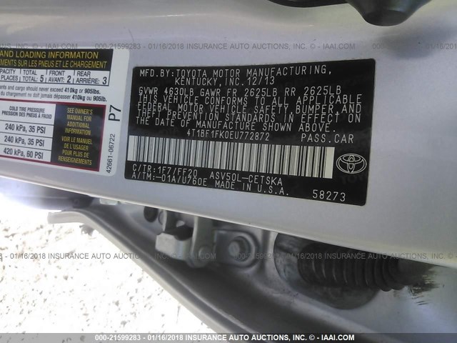 4T1BF1FK0EU772872 - 2014 TOYOTA CAMRY L/SE/LE/XLE 银色 照片 9