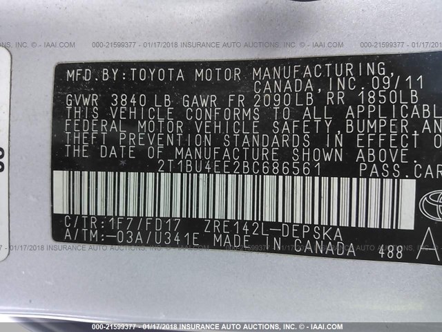 2T1BU4EE2BC686561 - 2011 TOYOTA COROLLA S/LE SILVER photo 9