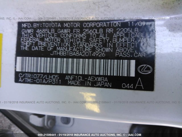 JTHBB1BA8A2014926 - 2010 LEXUS HS 250H WHITE photo 9