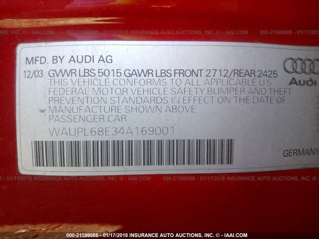 WAUPL68E34A169001 - 2004 AUDI S4 RED photo 9