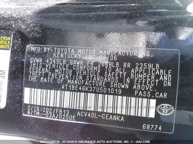 4T1BE46K37U501019 - 2007 TOYOTA CAMRY NEW GENERAT CE/LE/XLE/SE BLACK photo 9