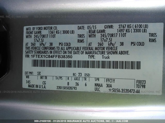 1FTEX1C84FFB38350 - 2015 FORD F150 SUPER CAB SILVER photo 9