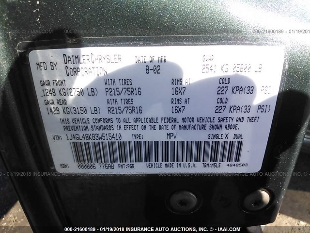 1J4GL48K83W515410 - 2003 JEEP LIBERTY SPORT/FREEDOM მწვანე ფოტო 9