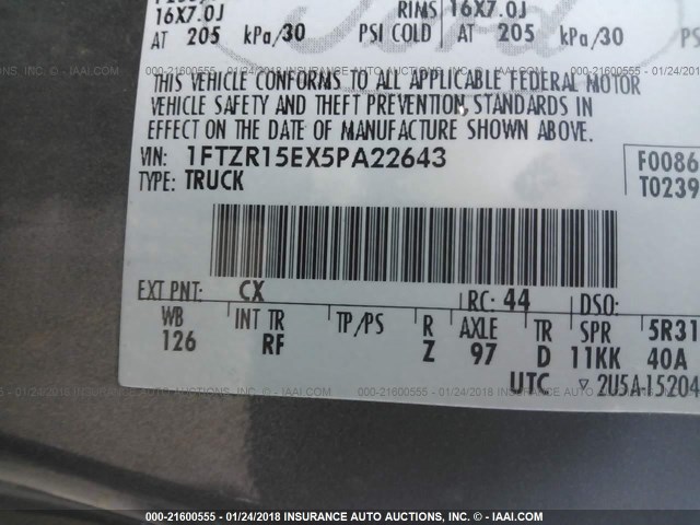 1FTZR15EX5PA22643 - 2005 FORD RANGER SUPER CAB GRAY photo 9