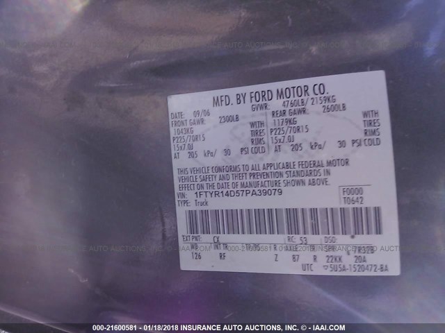 1FTYR14D57PA39079 - 2007 FORD RANGER SUPER CAB GRAY photo 9