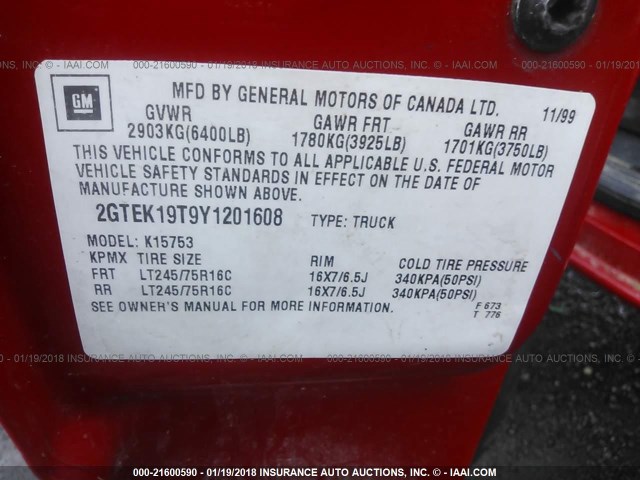 2GTEK19T9Y1201608 - 2000 GMC NEW SIERRA K1500 RED photo 9