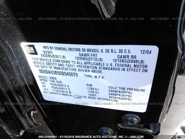 3G5DA03E55S543079 - 2005 BUICK RENDEZVOUS CX/CXL BLACK photo 9